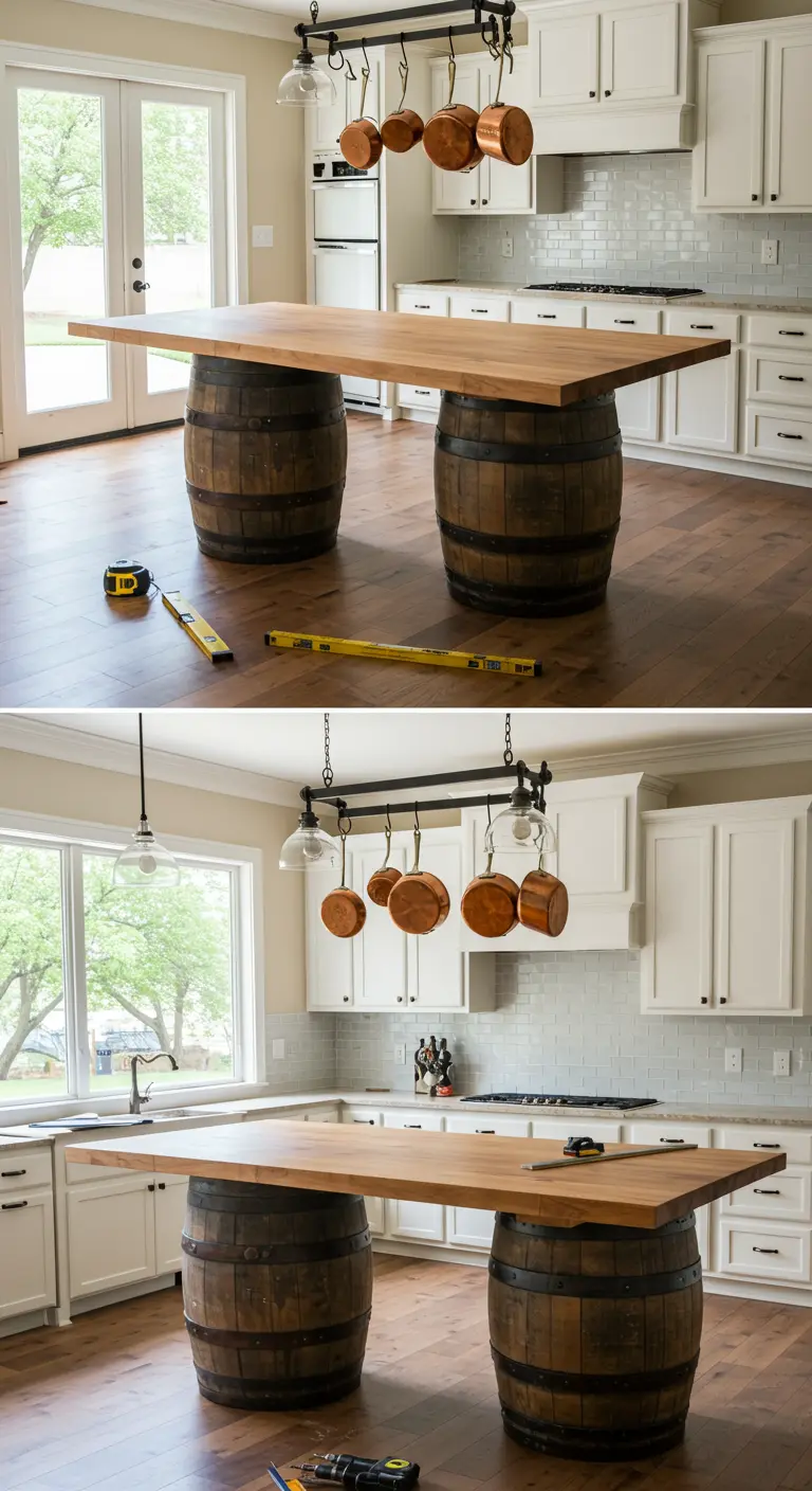 Isla de cocina con una gran encimera de madera apoyada sobre dos barriles de vino