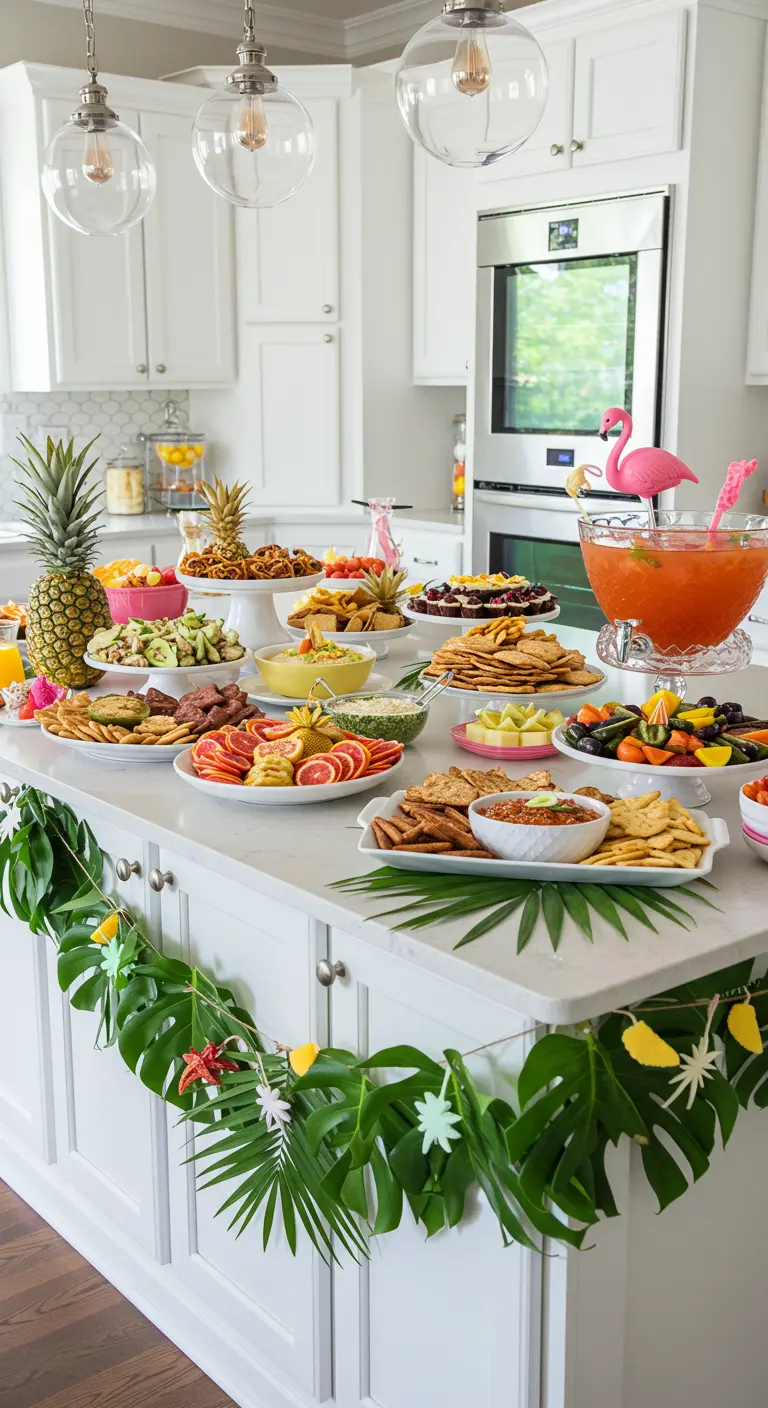 Isla de cocina blanca convertida en buffet, decorada con una guirnalda de hojas tropicales.