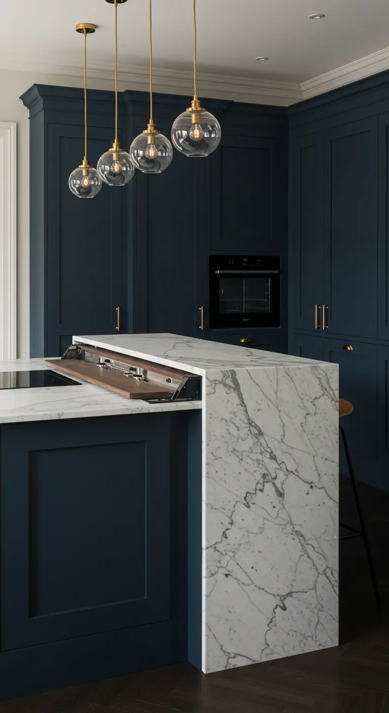 Isla de cocina de mármol con una sección de madera que se eleva mediante un mecanismo oculto.