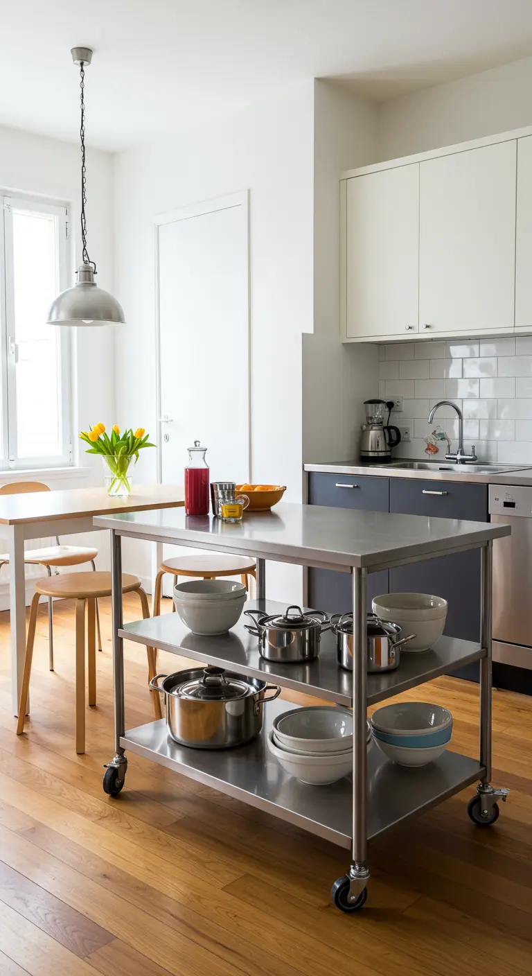 Isla de cocina móvil de acero inoxidable con ruedas, ollas y cuencos en sus estantes.