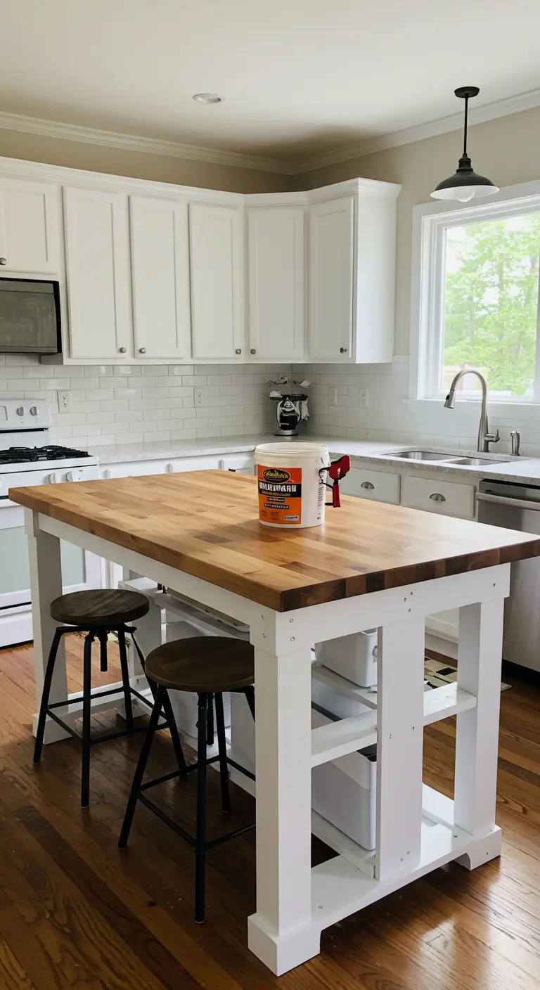 Isla de cocina blanca con base de pallets y encimera de madera, con dos taburetes negros.