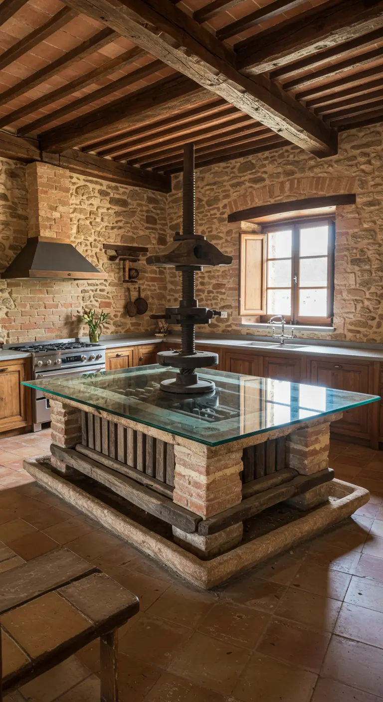 Cocina rústica con una isla central hecha a partir de una antigua prensa de vino.