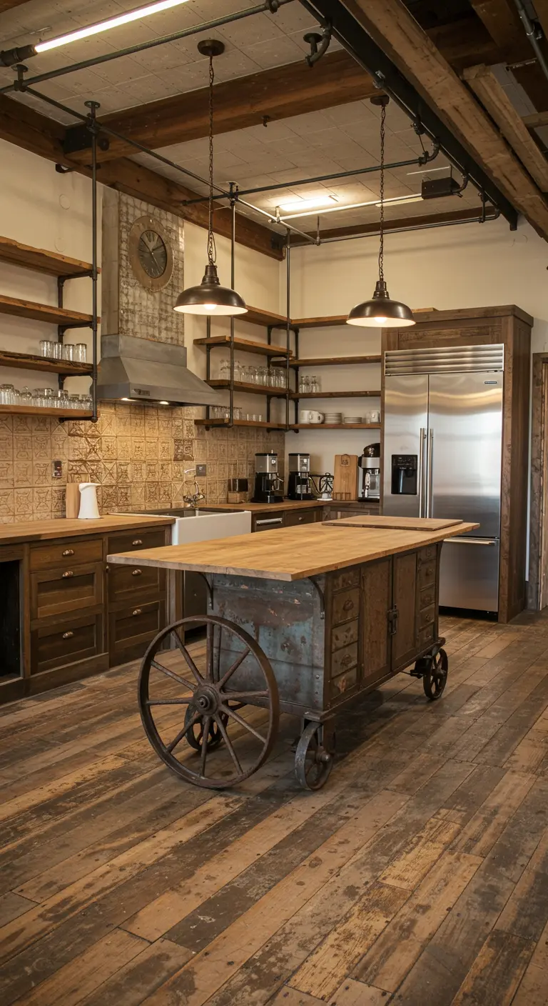 Isla de cocina móvil hecha a partir de un carro industrial antiguo con ruedas grandes.