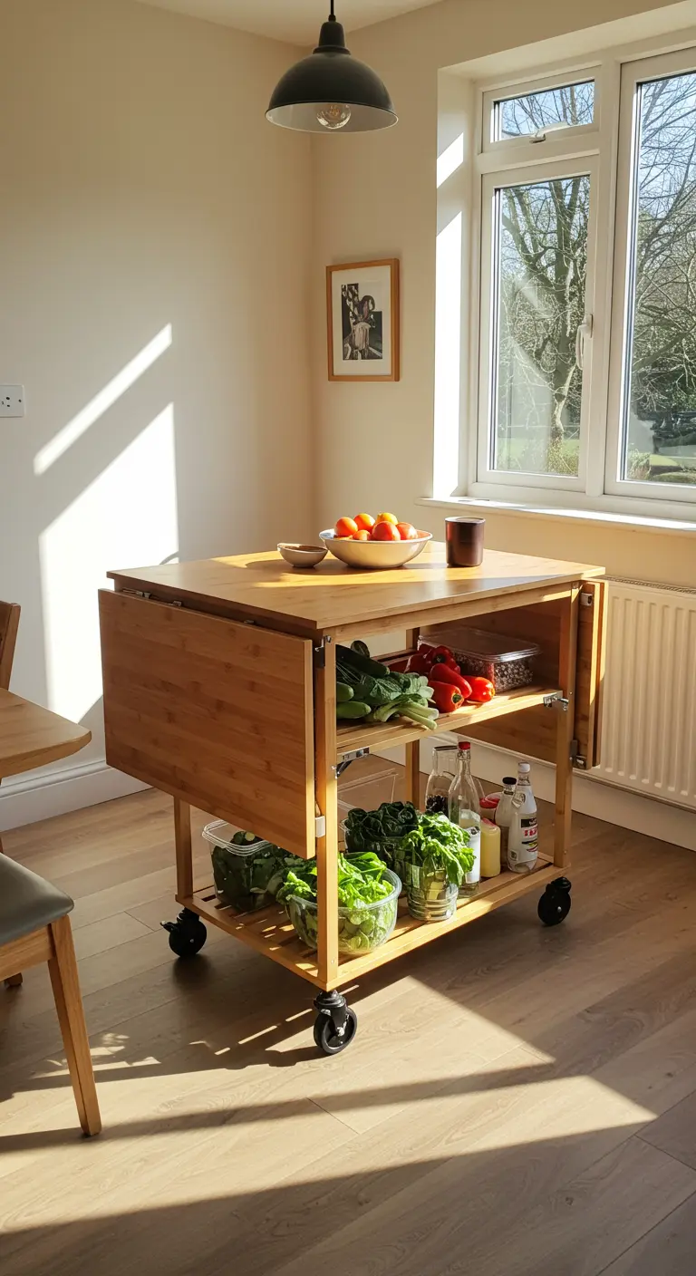 Carrito de cocina de bambú con ruedas y alas plegables, lleno de verduras frescas.
