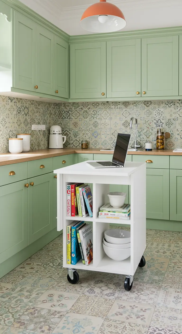 Carrito de cocina blanco con ruedas y una tabla abatible, lleno de libros y boles