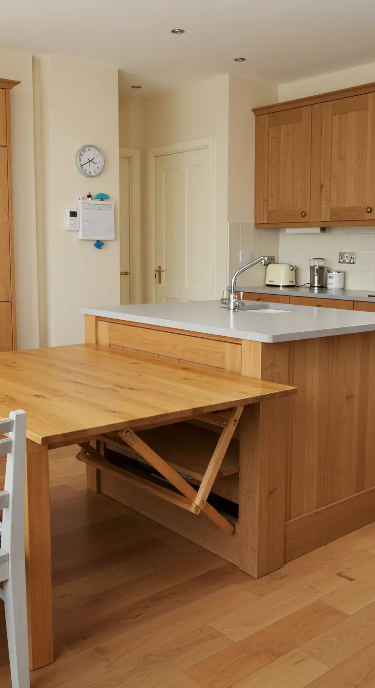 Mesa de comedor de madera que se extrae y despliega desde una isla de cocina.