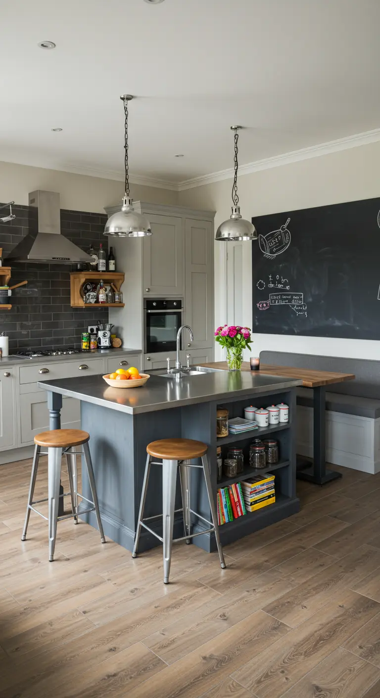 Cocina con isla azul grisácea con almacenaje, pared de pizarra y banco para sentarse.