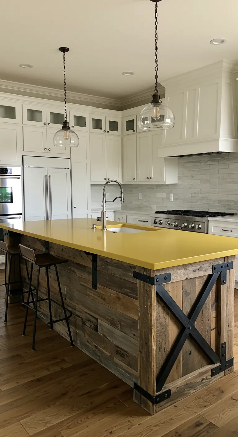 Isla de cocina con base de madera recuperada, herrajes de metal negro y encimera mostaza.