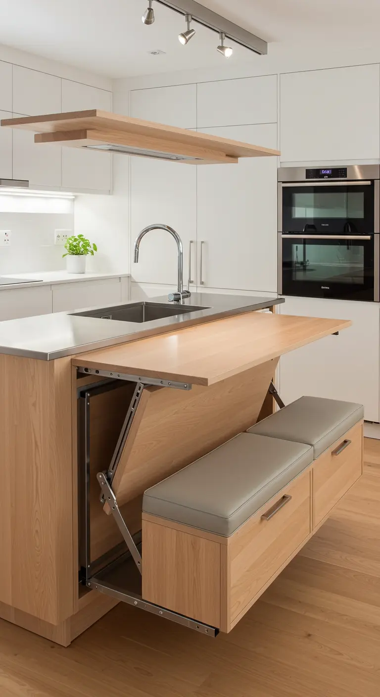 Isla de cocina de madera con una mesa y dos bancos extraíbles y plegables integrados