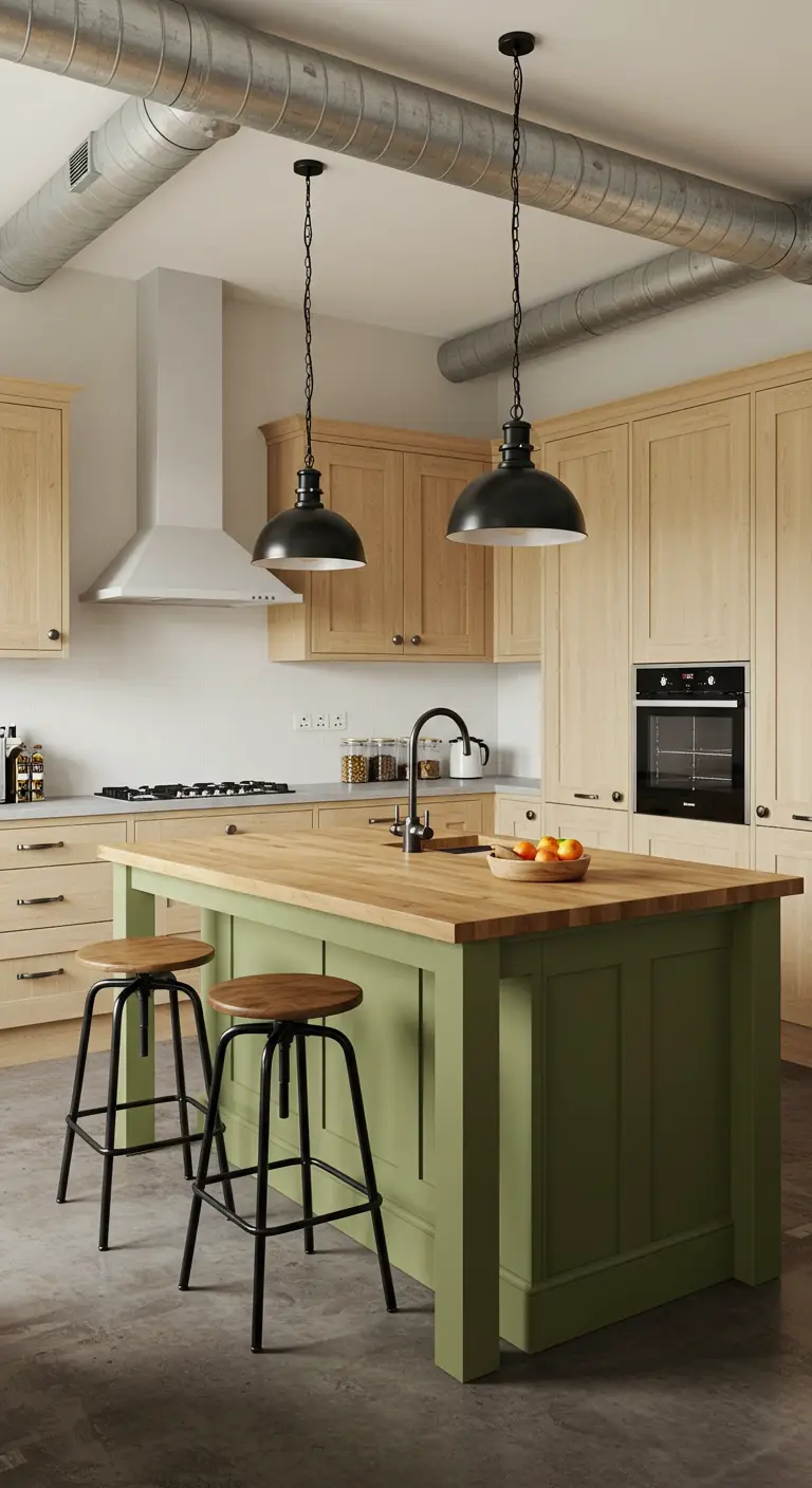 Cocina con gabinetes de madera y una isla central pintada de verde oliva.