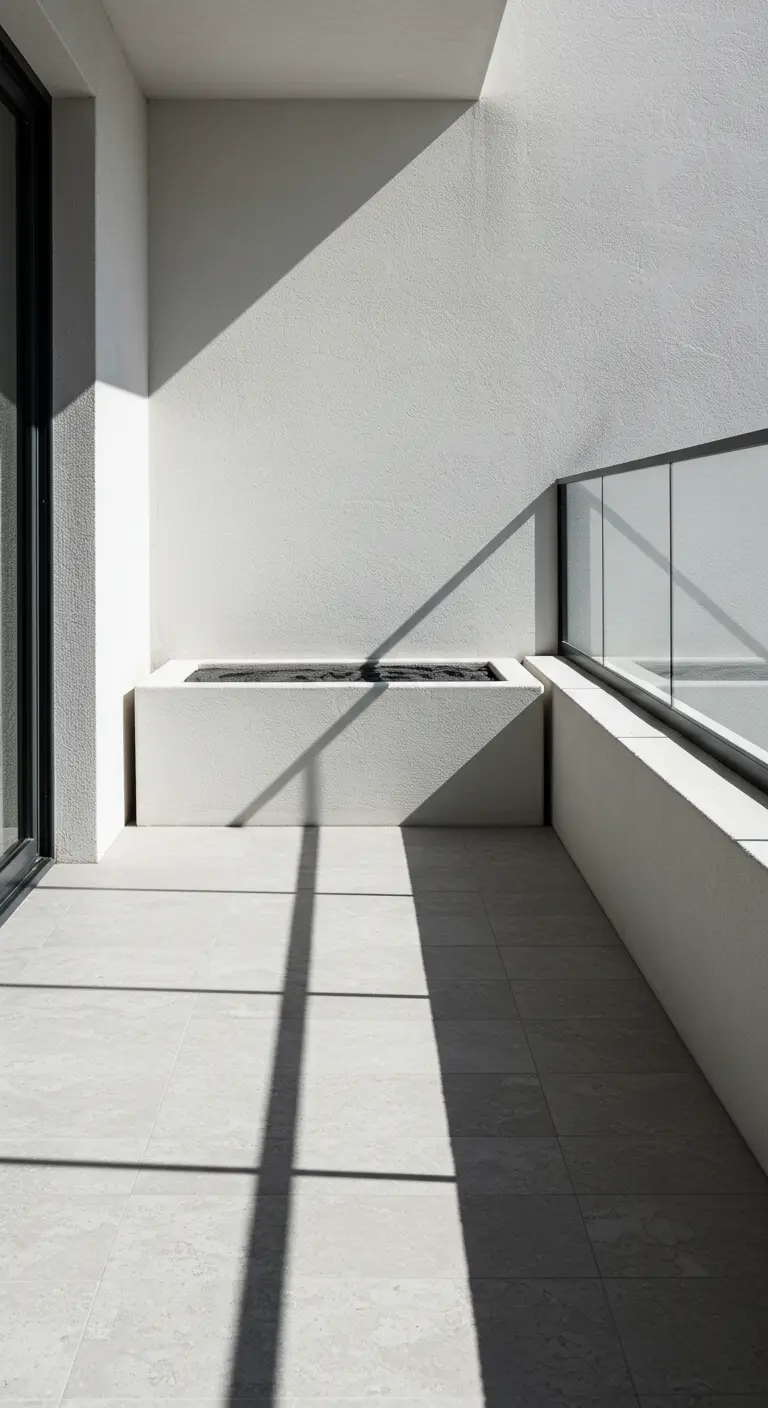 Balcón minimalista con paredes y suelo blancos, y una jardinera de obra integrada.
