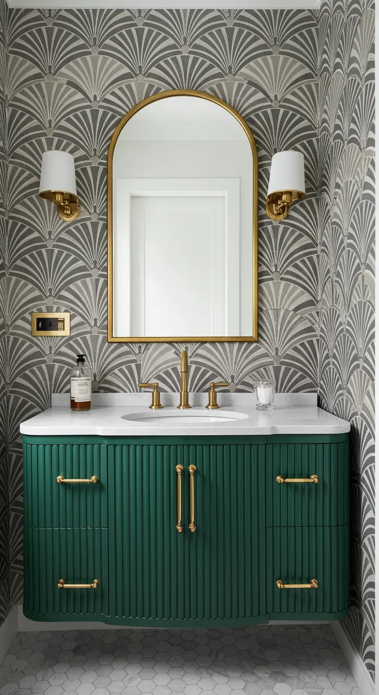 Mueble flotante Art Decó de color verde oscuro con detalles dorados y pared estampada.