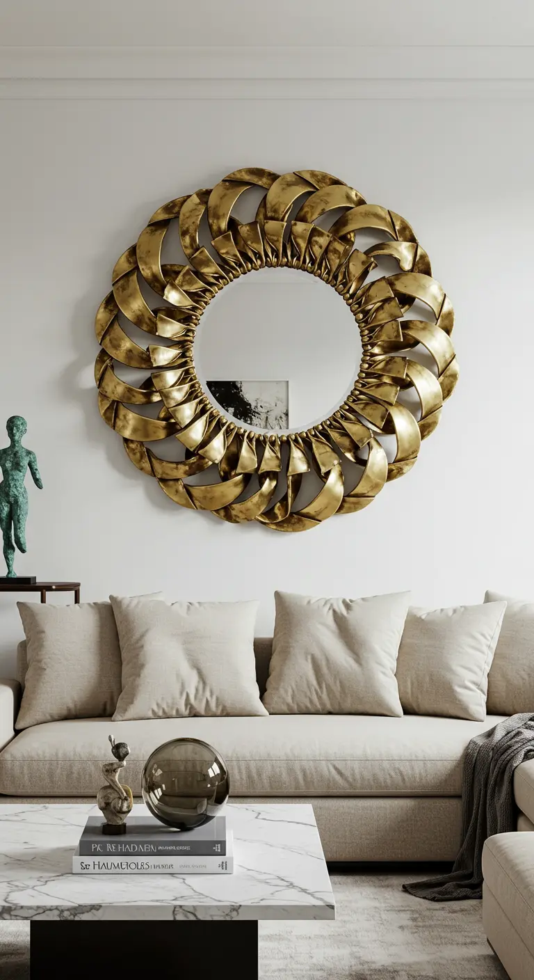 Espejo redondo con un espectacular marco escultórico de metal dorado sobre un sofá beige