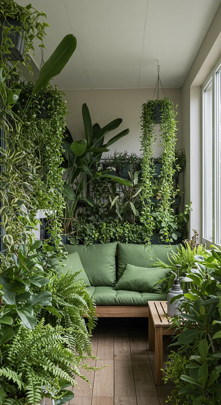 Balcón pequeño completamente lleno de plantas verdes, con un sofá verde en el centro.