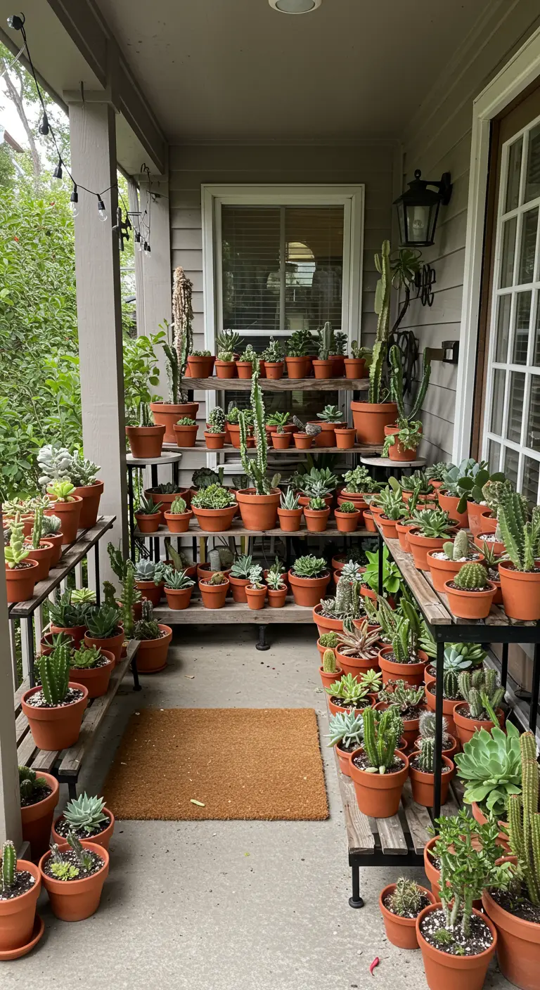 Porche estrecho repleto de estanterías negras con cientos de cactus y suculentas en macetas