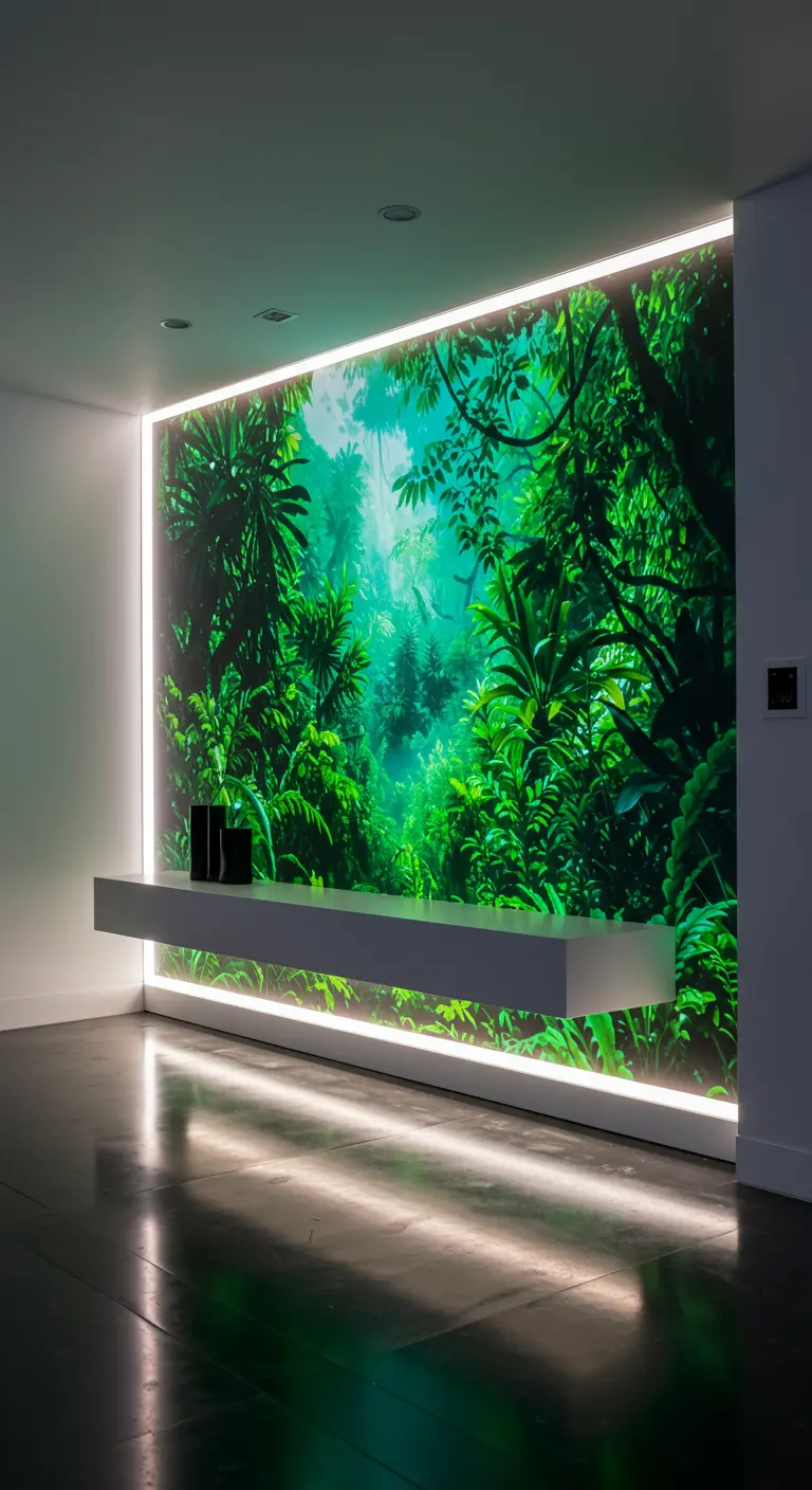 Fotomural de una jungla iluminado con luces LED perimetrales sobre una balda flotante