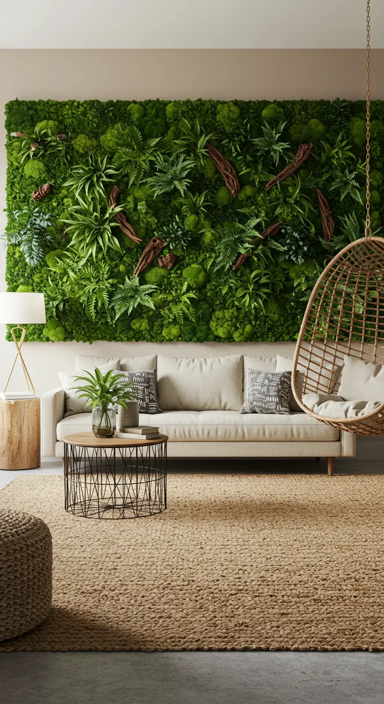 Sala de estar con una gran pared verde de musgo y plantas, sofá neutro y silla colgante de ratán.