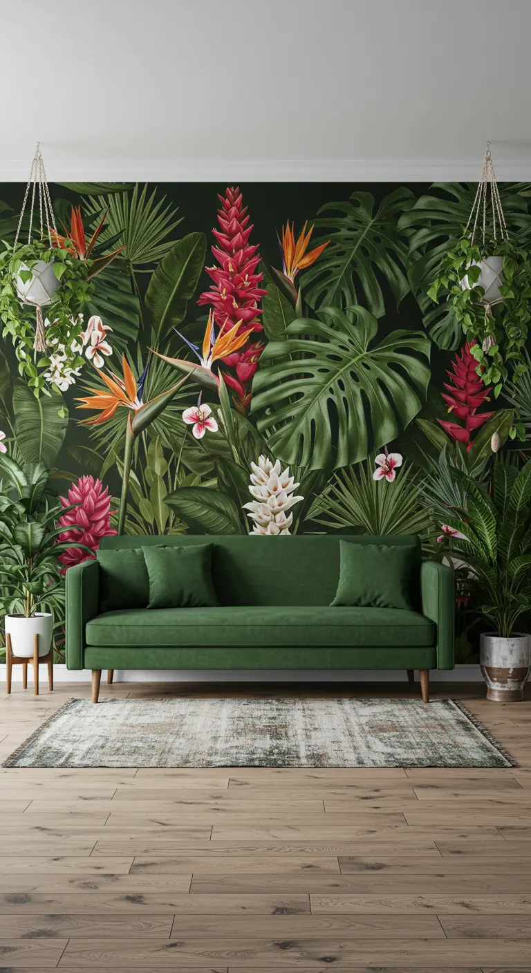 Tapiz con un exuberante estampado de jungla tropical detrás de un sofá verde oscuro.
