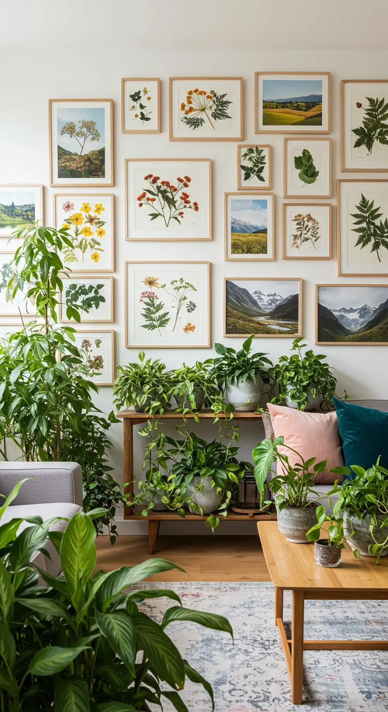 Pared de galería con ilustraciones botánicas rodeada de abundantes plantas de interior