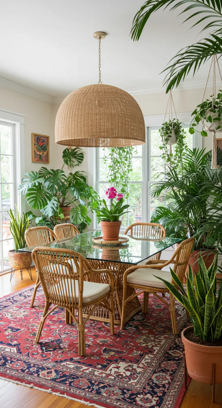 Comedor lleno de plantas, con mesa de cristal, sillas de ratán y lámpara de mimbre