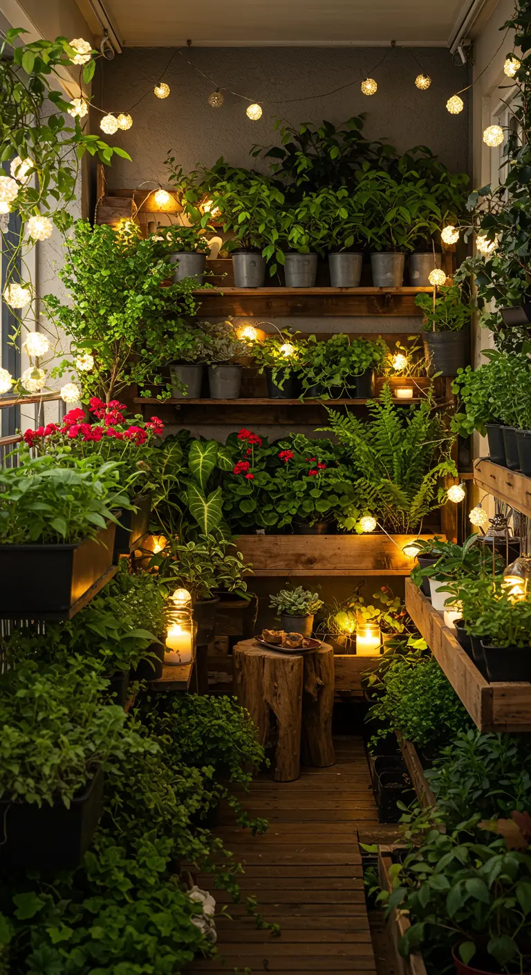 Balcón estrecho repleto de plantas en estanterías de madera, creando una pared verde iluminada con luces