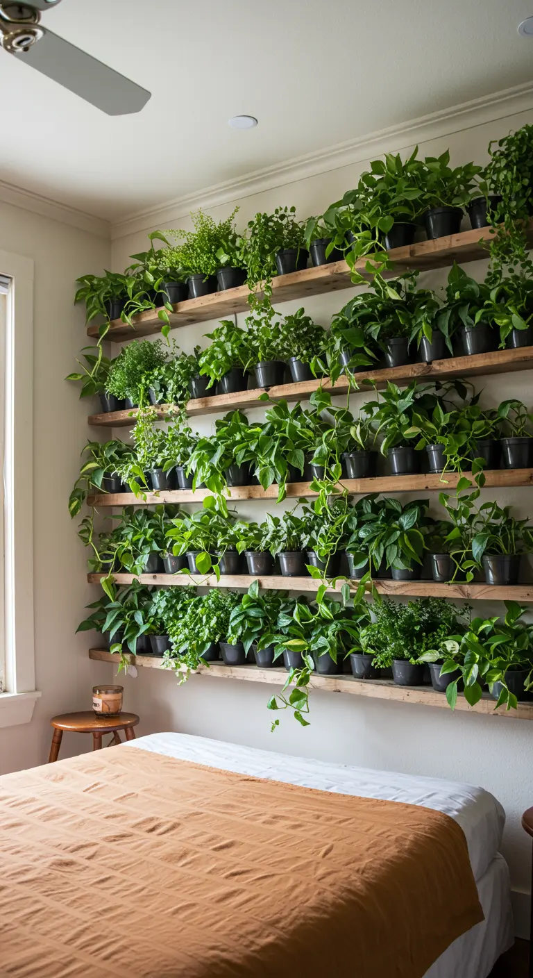 Pared completa con estanterías de madera llenas de plantas, creando un jardín vertical sobre la cama.