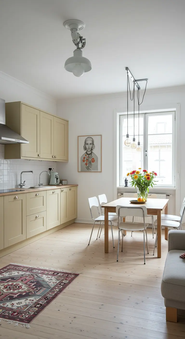 Comedor con mesa de madera, sillas blancas y una lámpara industrial negra de brazo articulado.