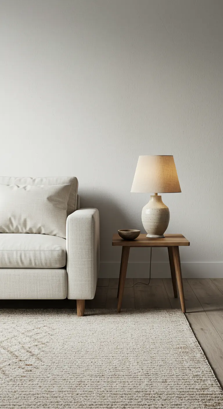 Detalle de un sofá blanco, una mesa auxiliar de madera y una lámpara de cerámica