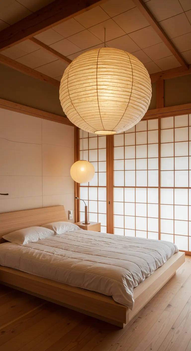 Dormitorio con una gran lámpara de papel colgante sobre una cama de madera baja.