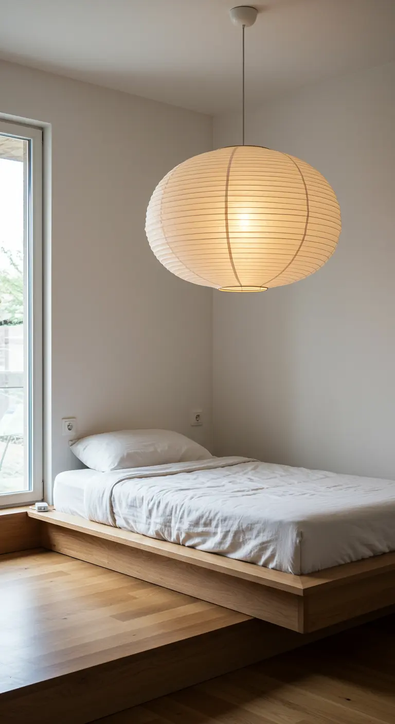 Gran lámpara de papel de arroz colgando sobre una cama de plataforma baja de madera.