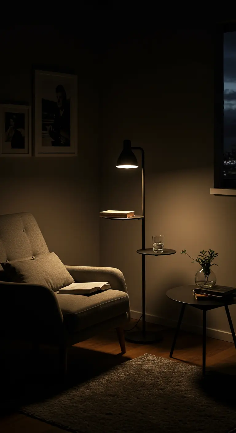 Lámpara de pie negra con dos pequeñas mesas integradas junto a un sillón en una esquina oscura.