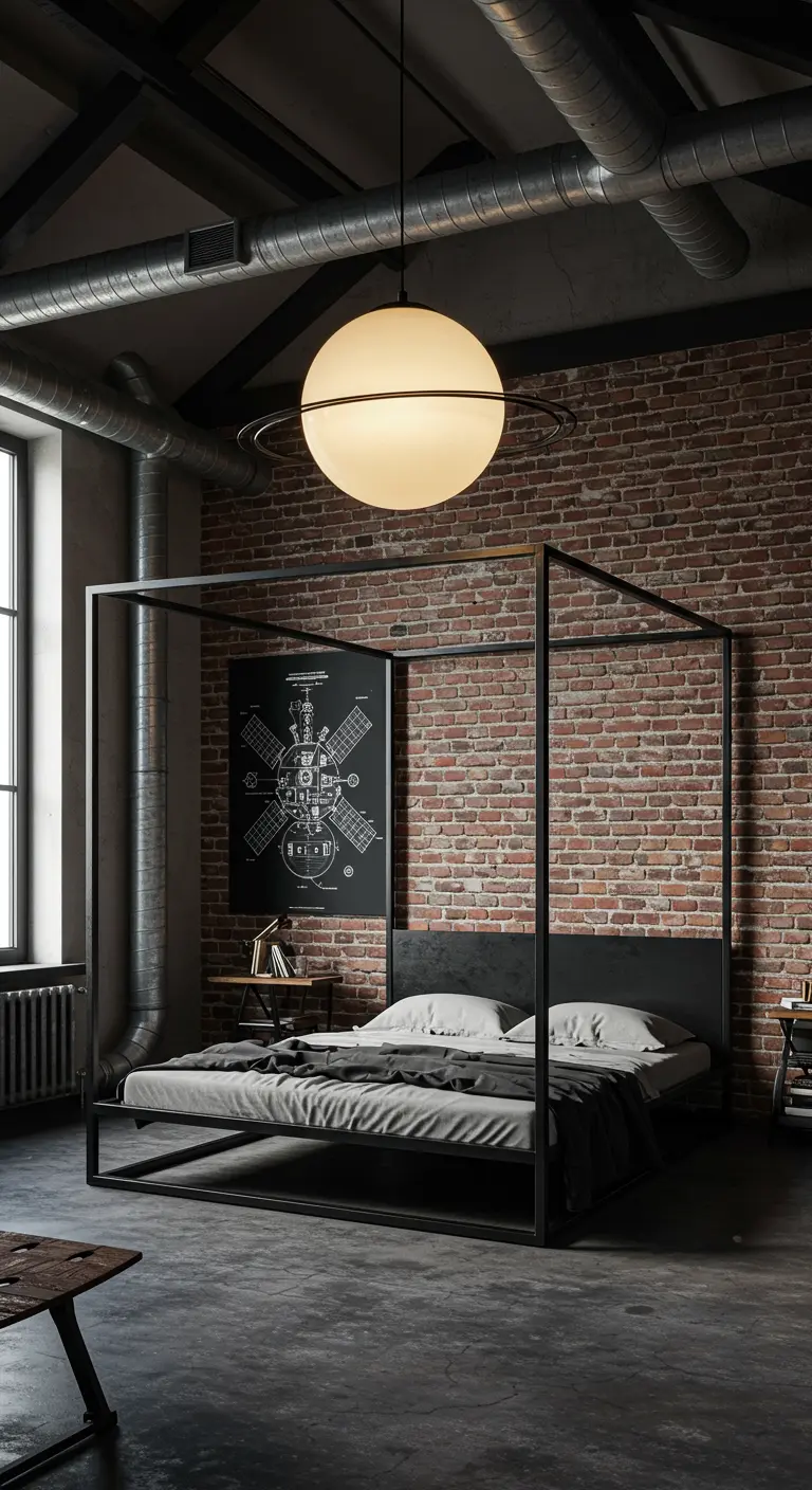 Dormitorio de estilo industrial con una lámpara colgante en forma de planeta y cama con dosel de metal.