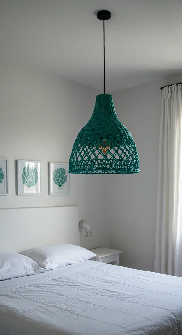 Dormitorio blanco con una gran lámpara colgante de ratán turquesa sobre la cama.