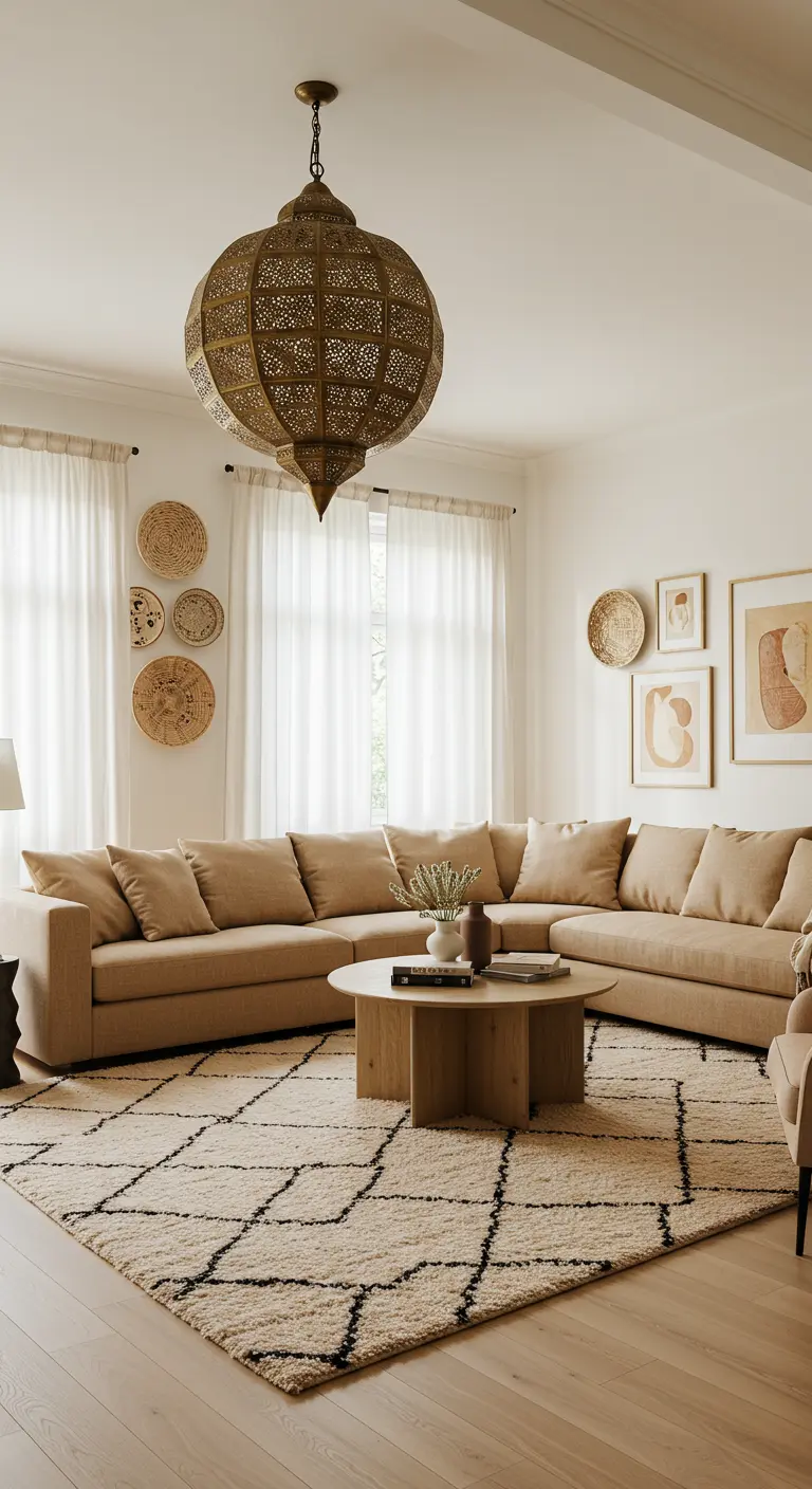 Salón boho con sofá beige en L, lámpara marroquí gigante y alfombra de estilo bereber