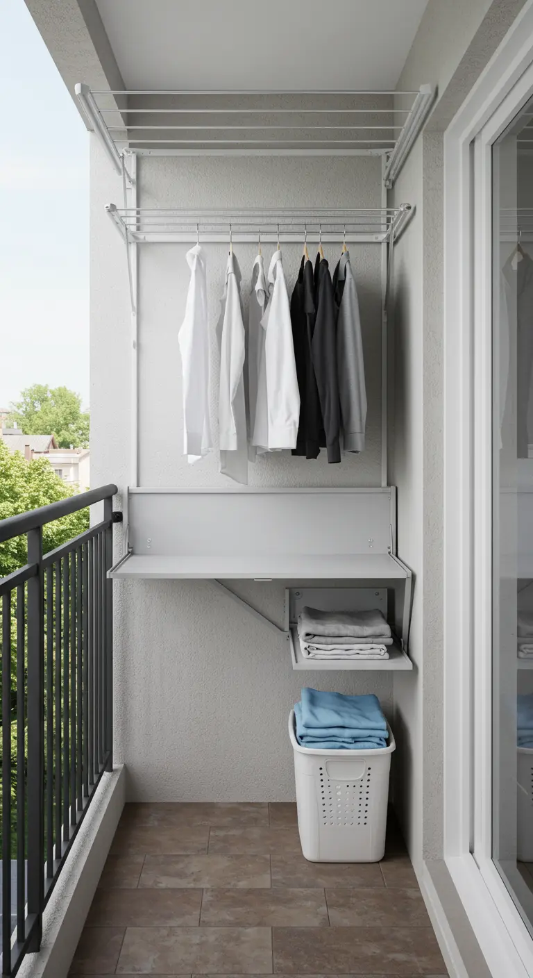 Sistema de lavandería de pared en un balcón, con tendedero, perchas y una balda plegable.
