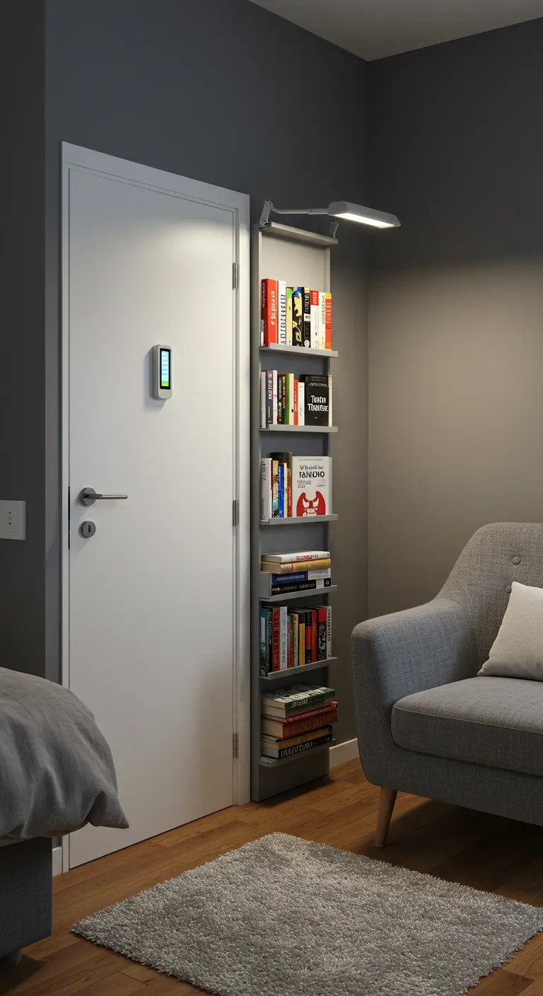 Estantería vertical estrecha llena de libros junto a la puerta de un dormitorio.