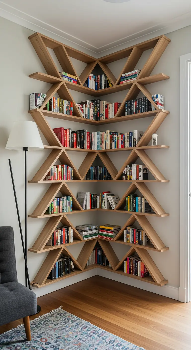 Gran estantería esquinera de madera con un diseño geométrico triangular llena de libros