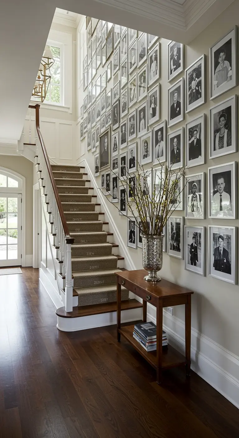 Pared de escalera con una gran galería de retratos en blanco y negro con marcos blancos, siguiendo la inclinación.
