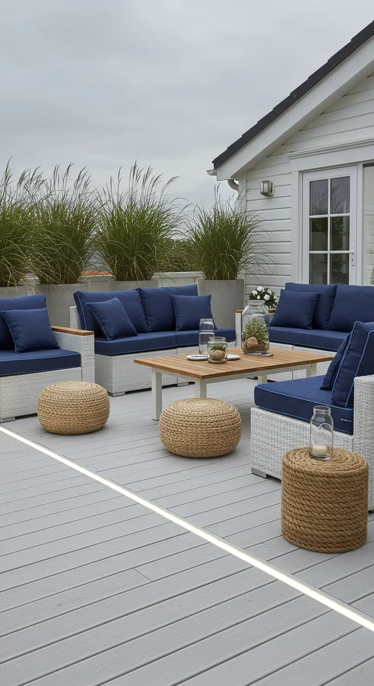 Terraza de madera gris con sofás blancos y una única tira de luz LED empotrada en el suelo.