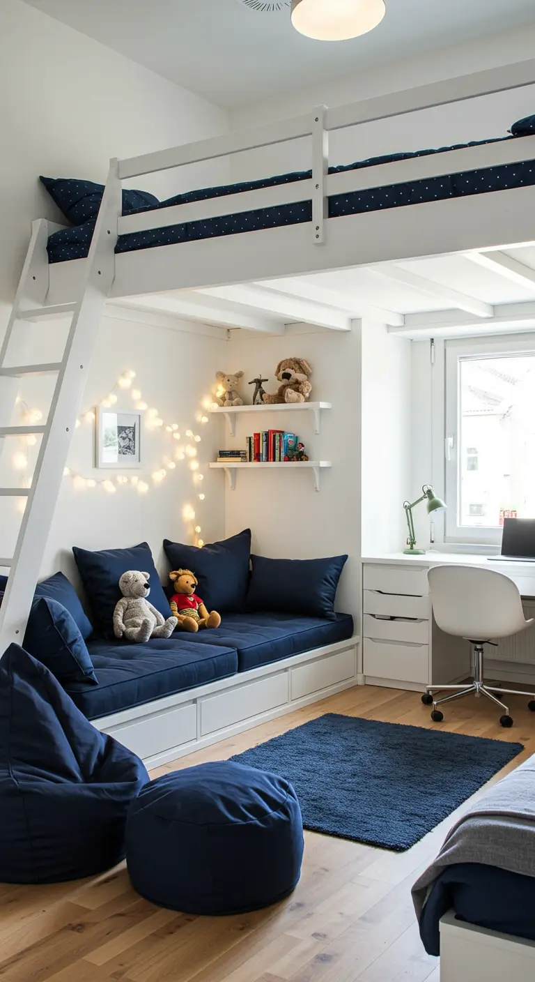 Habitación con litera alta blanca y una zona de estar con sofá azul debajo.
