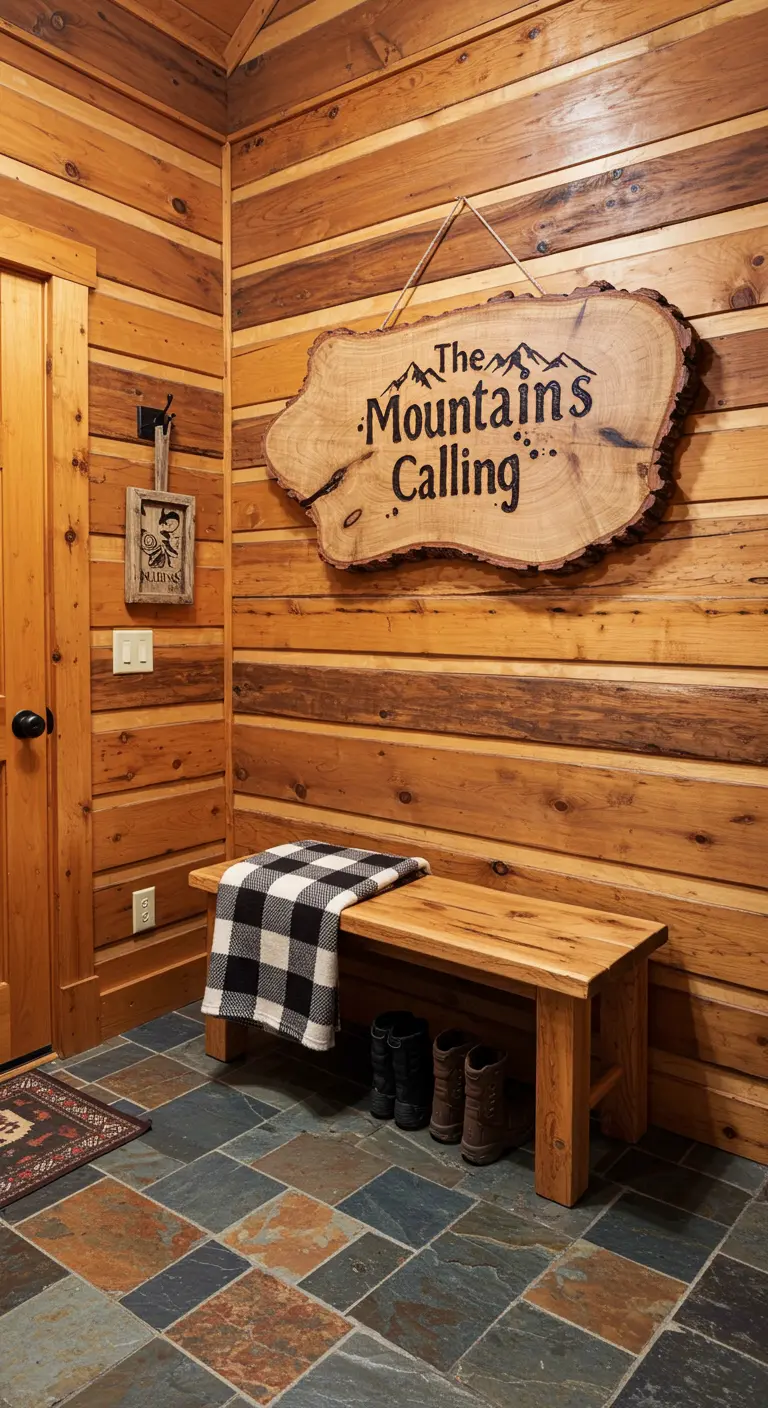 Entrada de cabaña de madera con un gran letrero hecho de una rodaja de árbol que dice 'The Mountains Calling'.