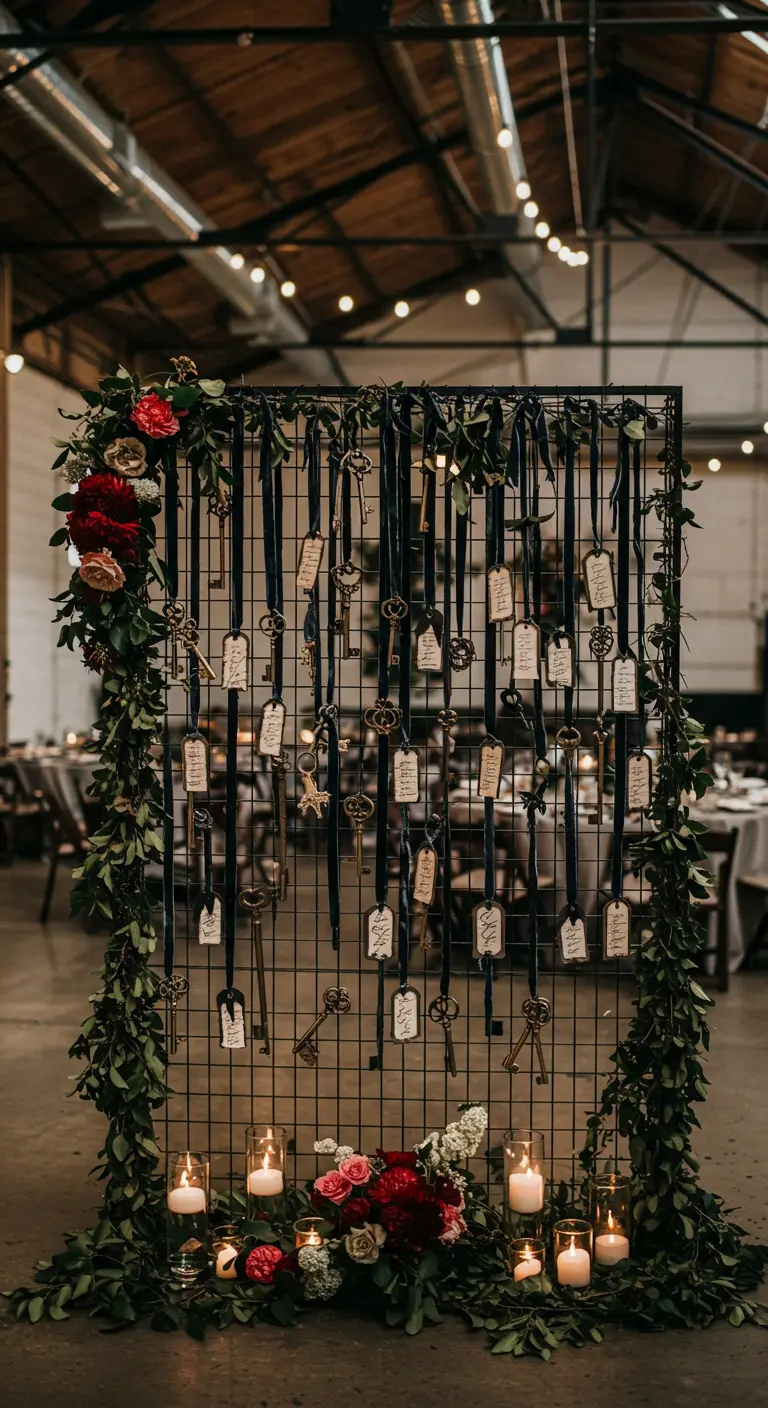 Panel de rejilla negra con llaves antiguas y etiquetas con nombres como tarjetas de asiento.