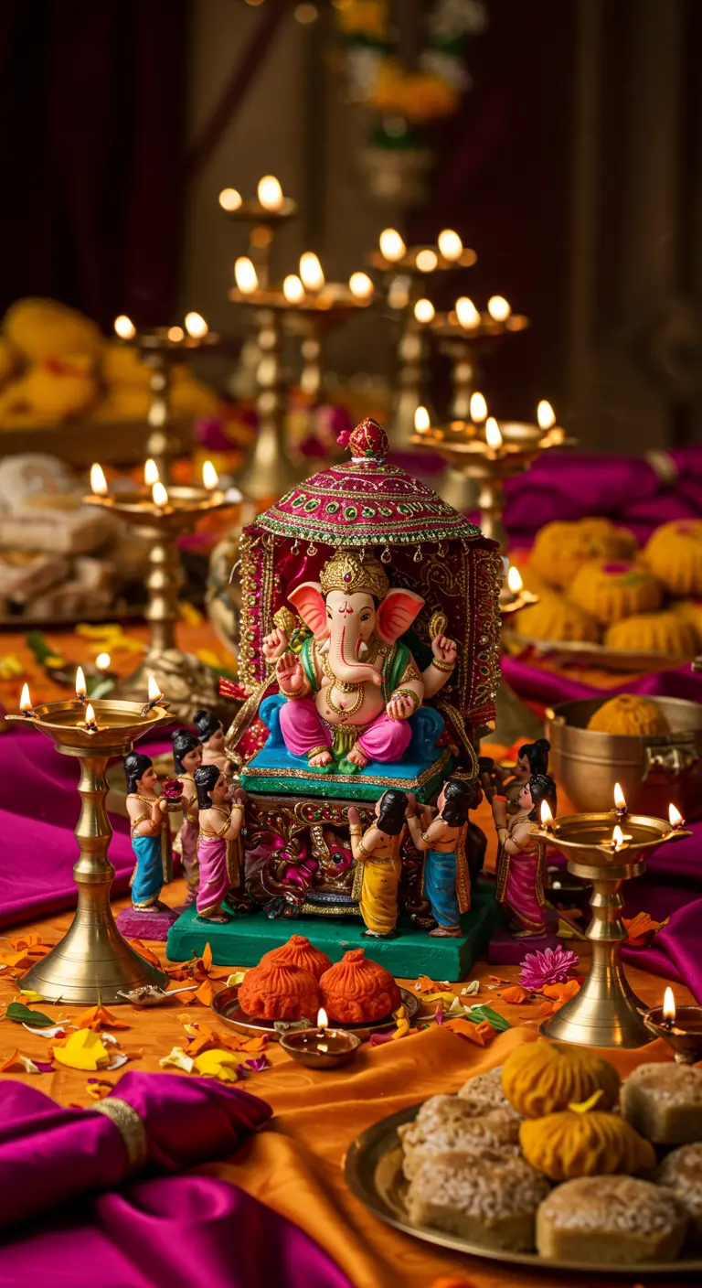 Altar festivo con una figura de Ganesha en un palanquín, rodeado de velas y dulces.