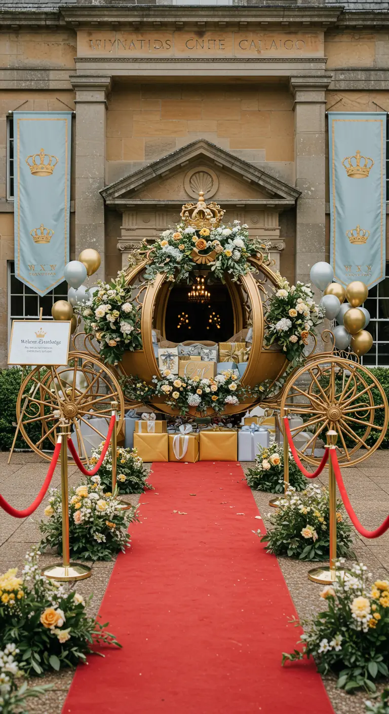 Un carruaje dorado decorado con flores en la entrada de una fiesta con alfombra roja.