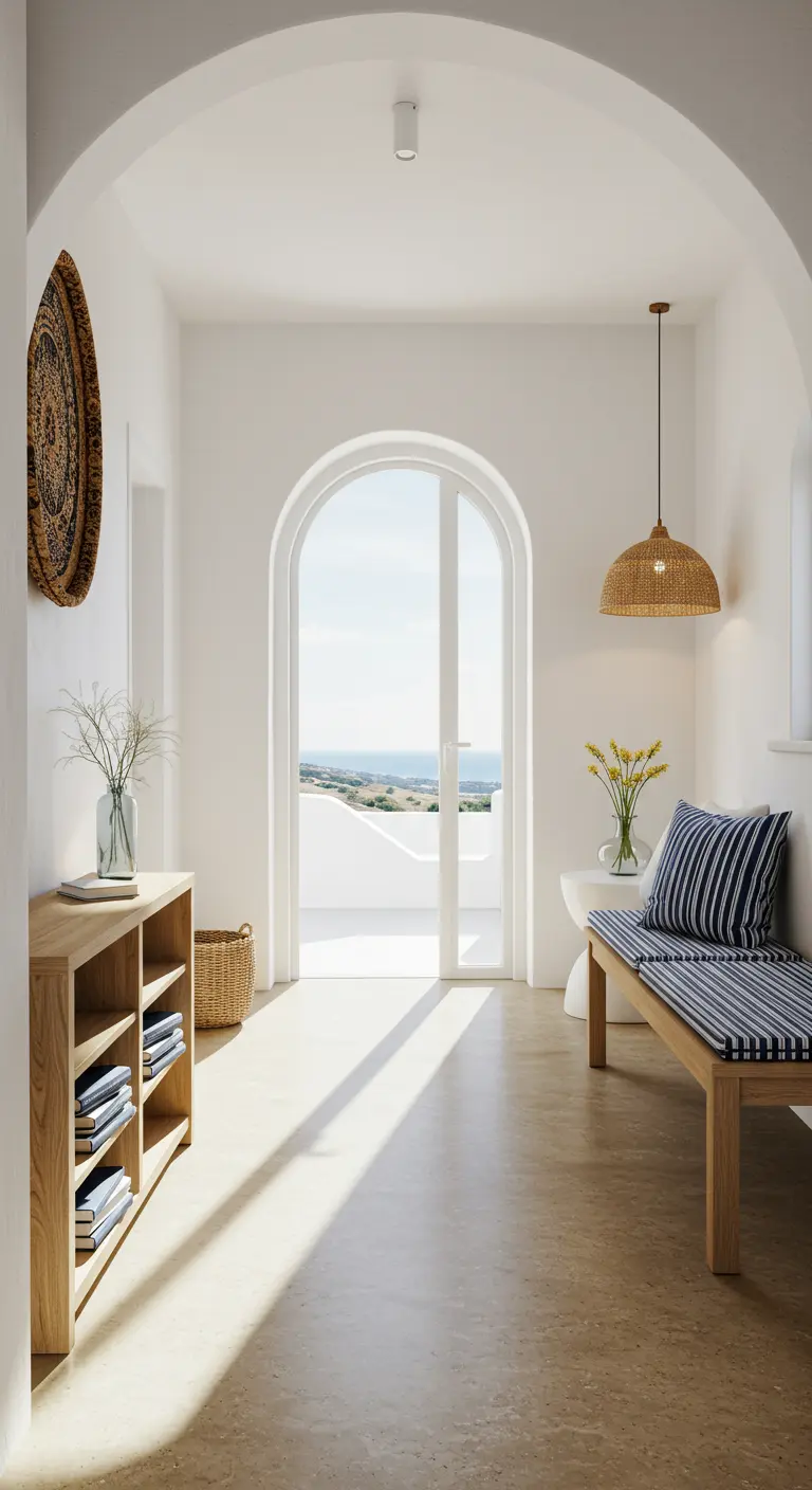 Entrada luminosa con puerta de cristal en arco, banco de madera con cojín de rayas y vistas al mar.