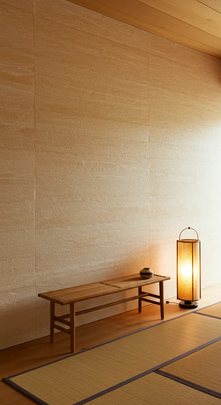 Habitación de estilo japonés con suelo de tatami, banco de madera bajo y lámpara de papel.