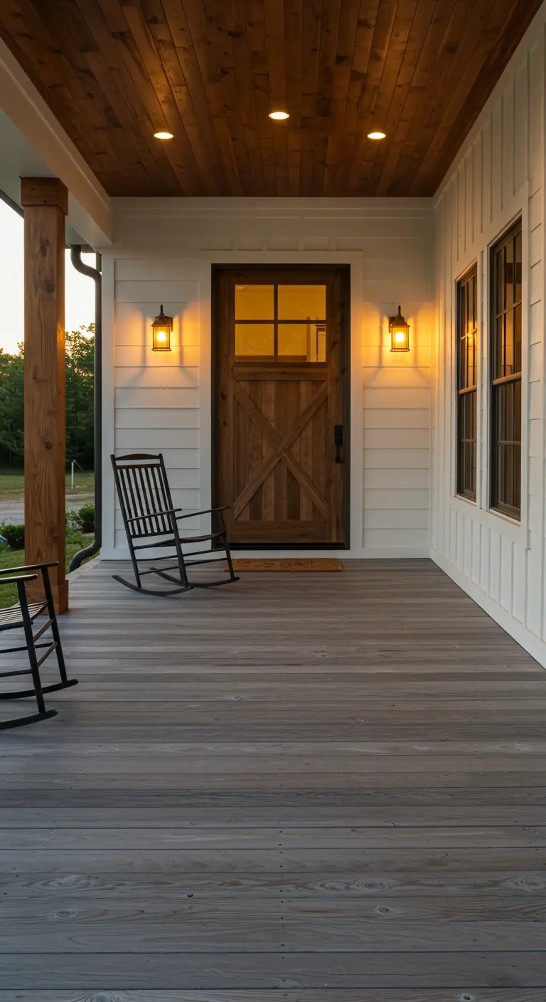 Porche de madera con dos mecedoras negras y faroles de luz cálida iluminando la puerta.