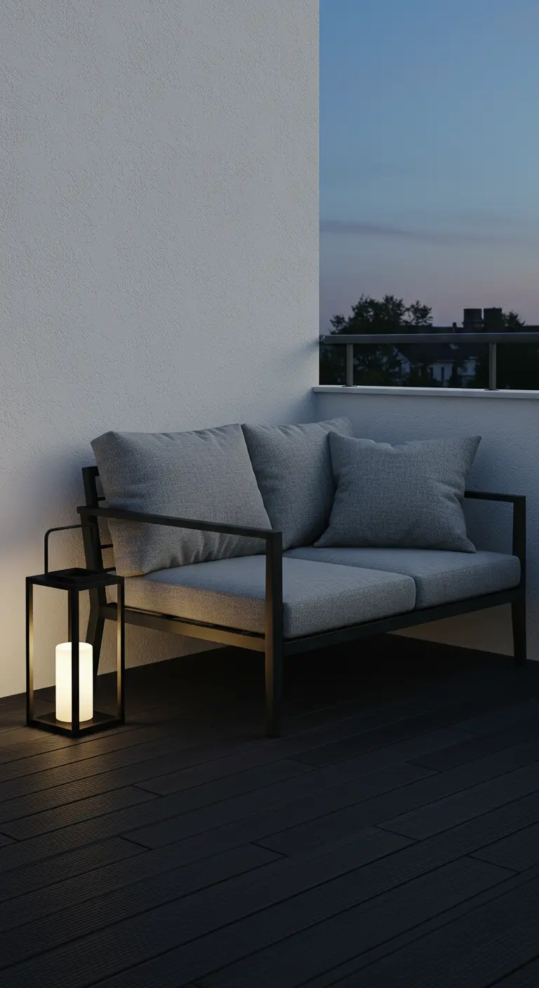Sofá gris oscuro en un balcón de noche, iluminado suavemente por un farol de suelo.