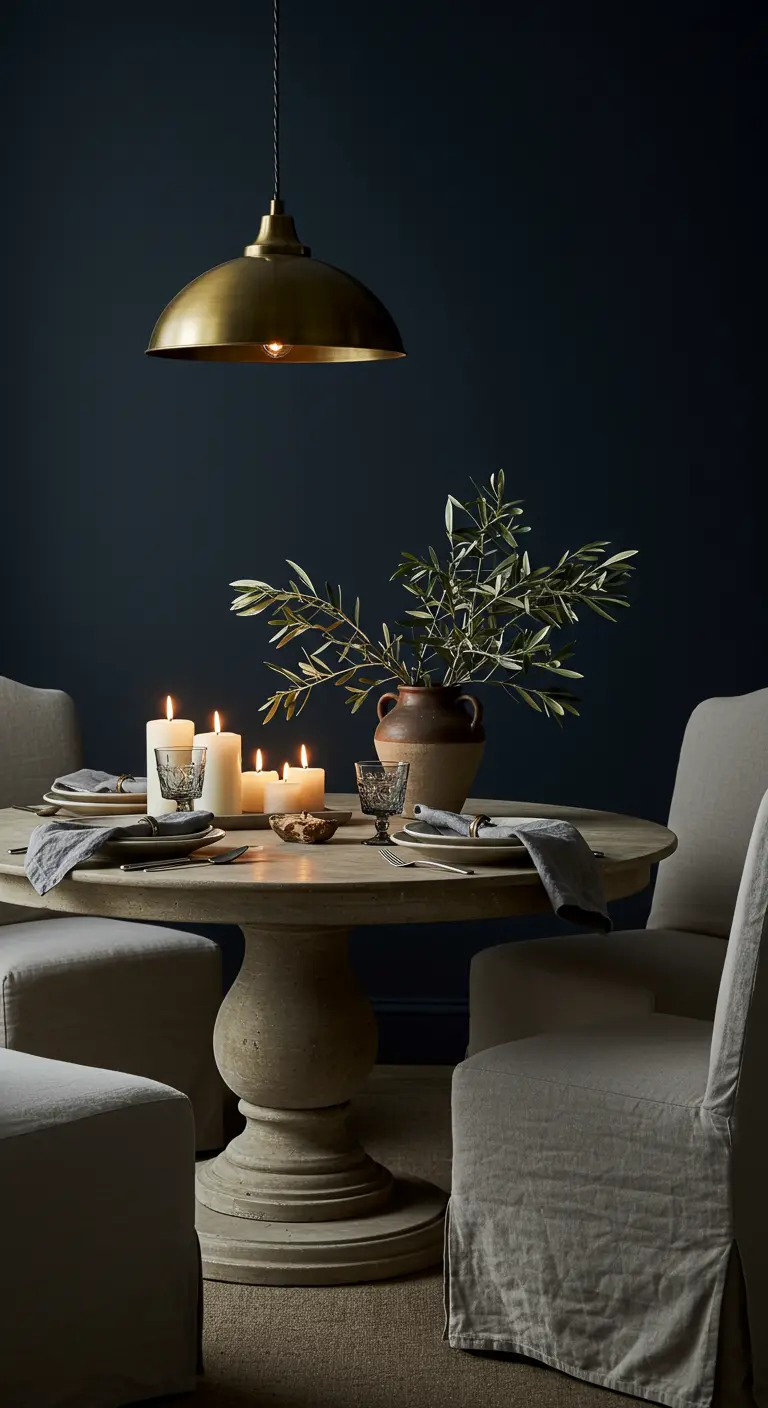 Mesa de comedor redonda de madera clara iluminada por velas y una lámpara de latón, con paredes azul oscuro.