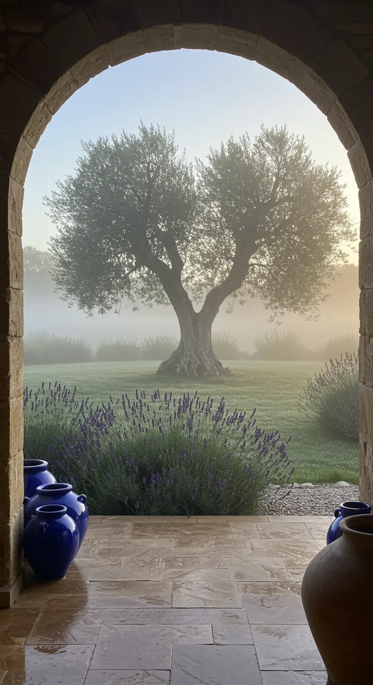 Vista a través de un arco de piedra de un olivo solitario entre la niebla del amanecer